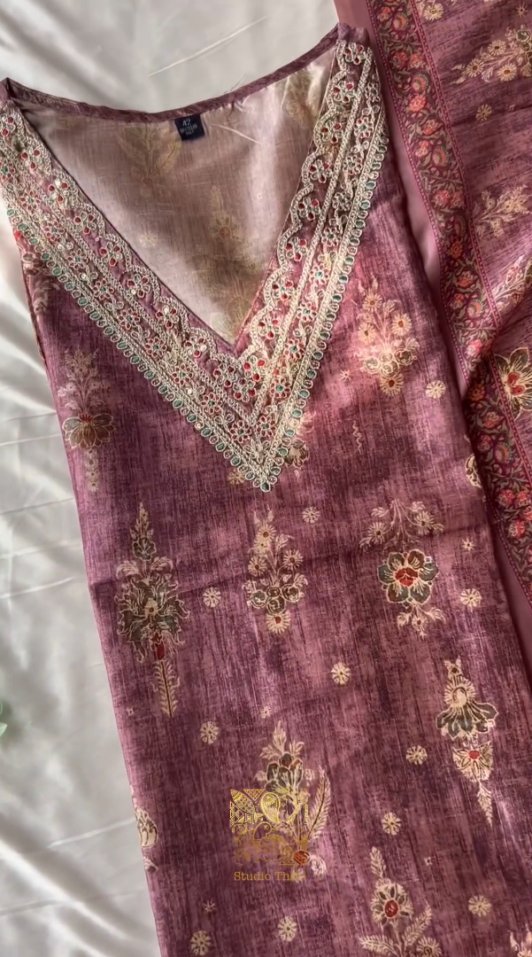 Uppada silk kurta Set with embroidered V neckline Shatoon stitched pant Uppada silk duppata(MAUVE)